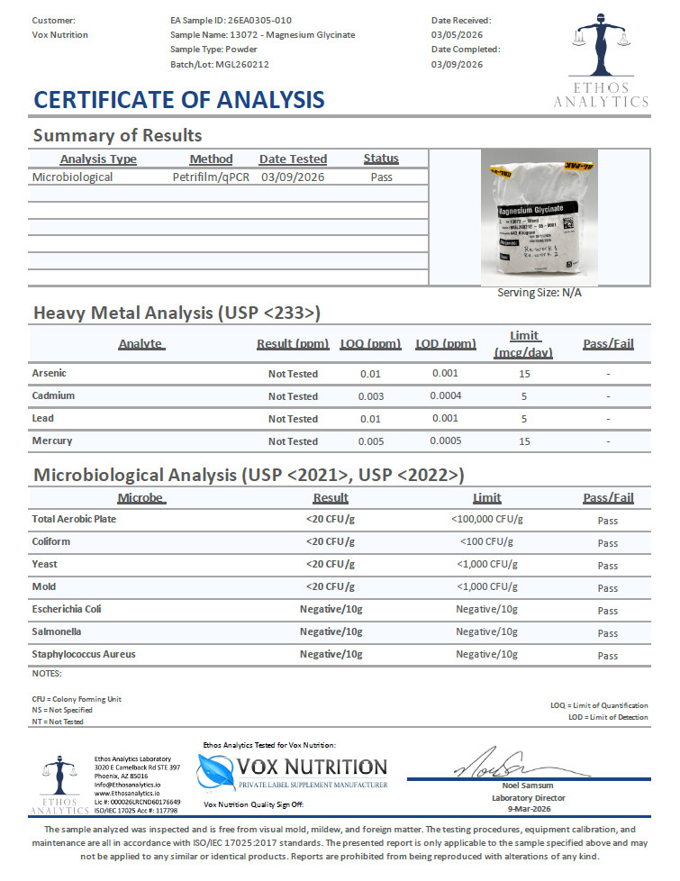 Certificate of Analysis issued by Ethos Analytics Laboratory for Vox Nutrition. Sample name 13072 dash Magnesium Glycinate, sample type Powder, batch or lot MGL260212. Summary of Results shows one populated row: Microbiological, method Petrifilm slash qPCR, tested 03 slash 09 slash 2026, status Pass. The Heavy Metal Analysis table lists arsenic, cadmium, lead and mercury with Not Tested in every Result cell. The Microbiological Analysis table lists seven organisms, all passing.
