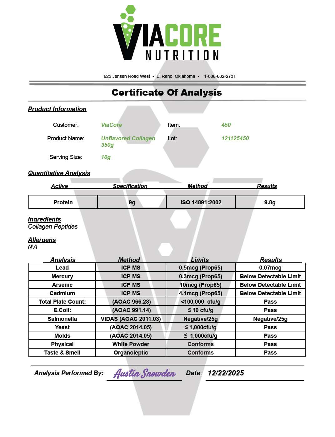 Certificate of Analysis for collagen peptides, lot 121125450, issued by ViaCore Nutrition of El Reno, Oklahoma, analysed 12 slash 22 slash 2025 by Austin Snowden. It reports protein at 9.8 grams against a 9 gram specification by method ISO 14891 colon 2002, heavy metals by ICP-MS against Proposition 65 limits, and a microbiological panel, all passing.