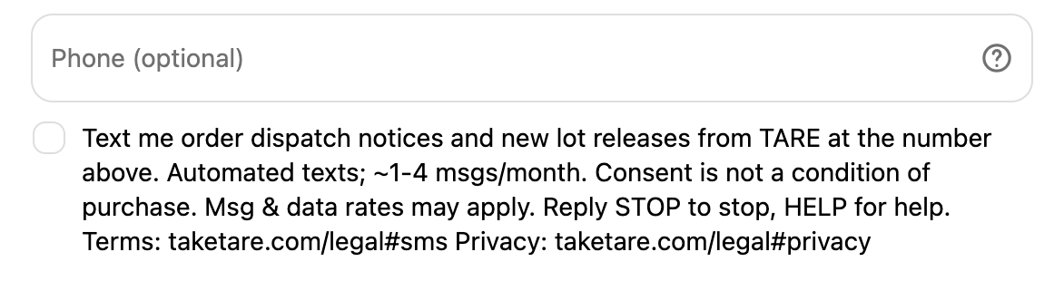 The same consent control on a phone, wrapped to a narrow column under the mobile phone number field. The checkbox is unticked and empty here too, and the disclosure below it carries the same wording, the same STOP and HELP instructions and the same two links.